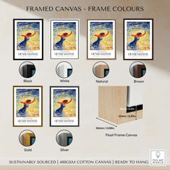 Framed canvas color options for Matisse Art Prints - Dancing Figure Swirl Background Art Print, including black, white, natural, brown, gold, and silver.