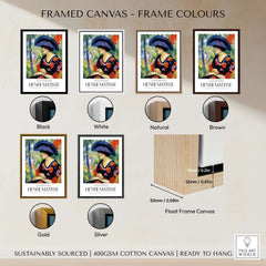 Matisse Art Prints - Woman with Blue Hat Garden Poster framed options in various colors including Black, White, Natural, Brown, Gold, and Silver.