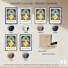 Matisse Art Prints - Woman Tropical Leaves Art Print framed in various colors including black, white, natural, brown, gold, and silver.