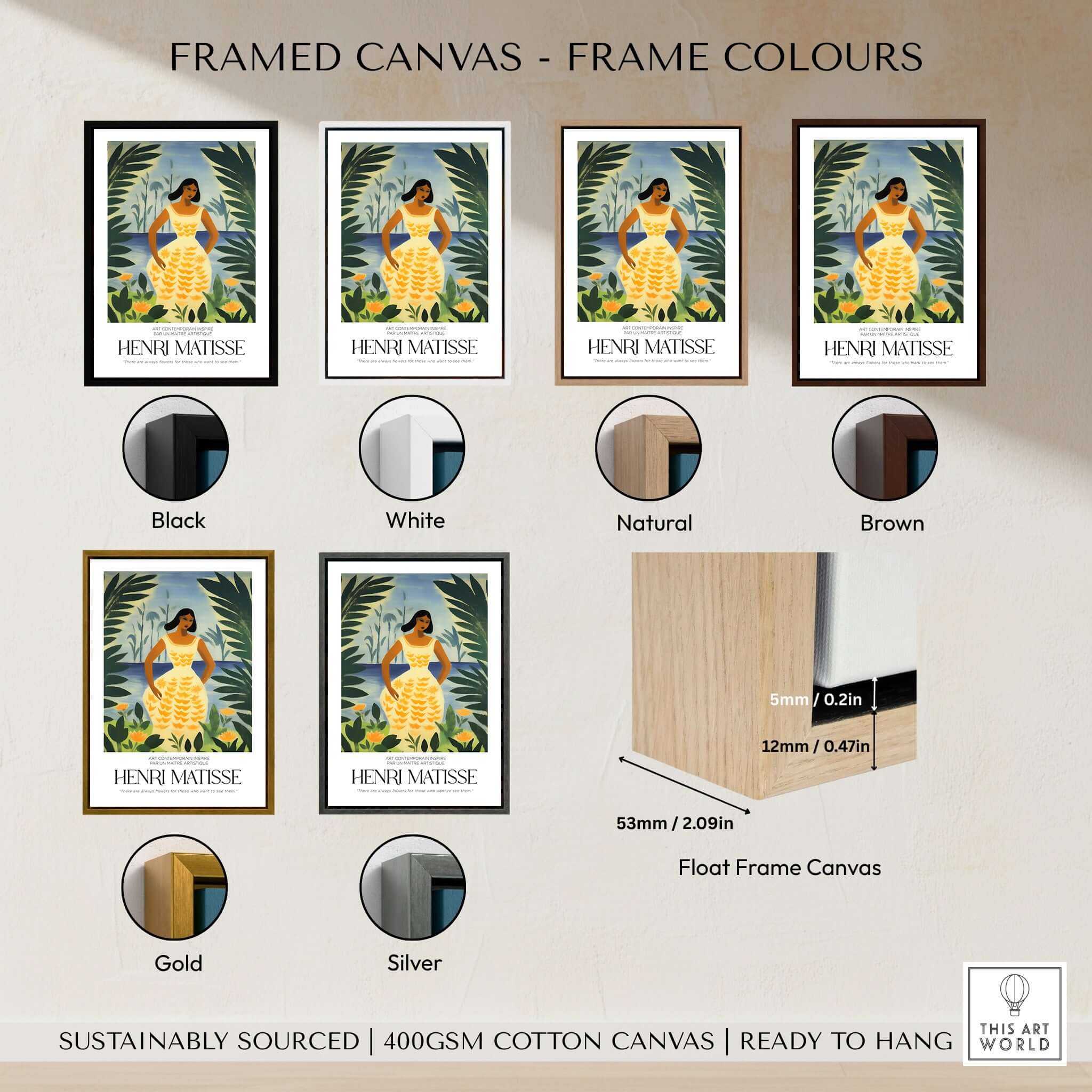 Matisse Art Prints - Woman Tropical Leaves Art Print framed in various colors including black, white, natural, brown, gold, and silver.