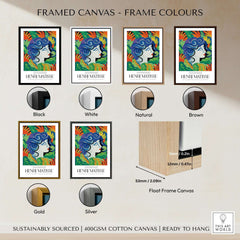 Matisse Art Prints - Woman with Flowers Abstract Art Print framed canvas options in various colors including black, white, gold, and silver.