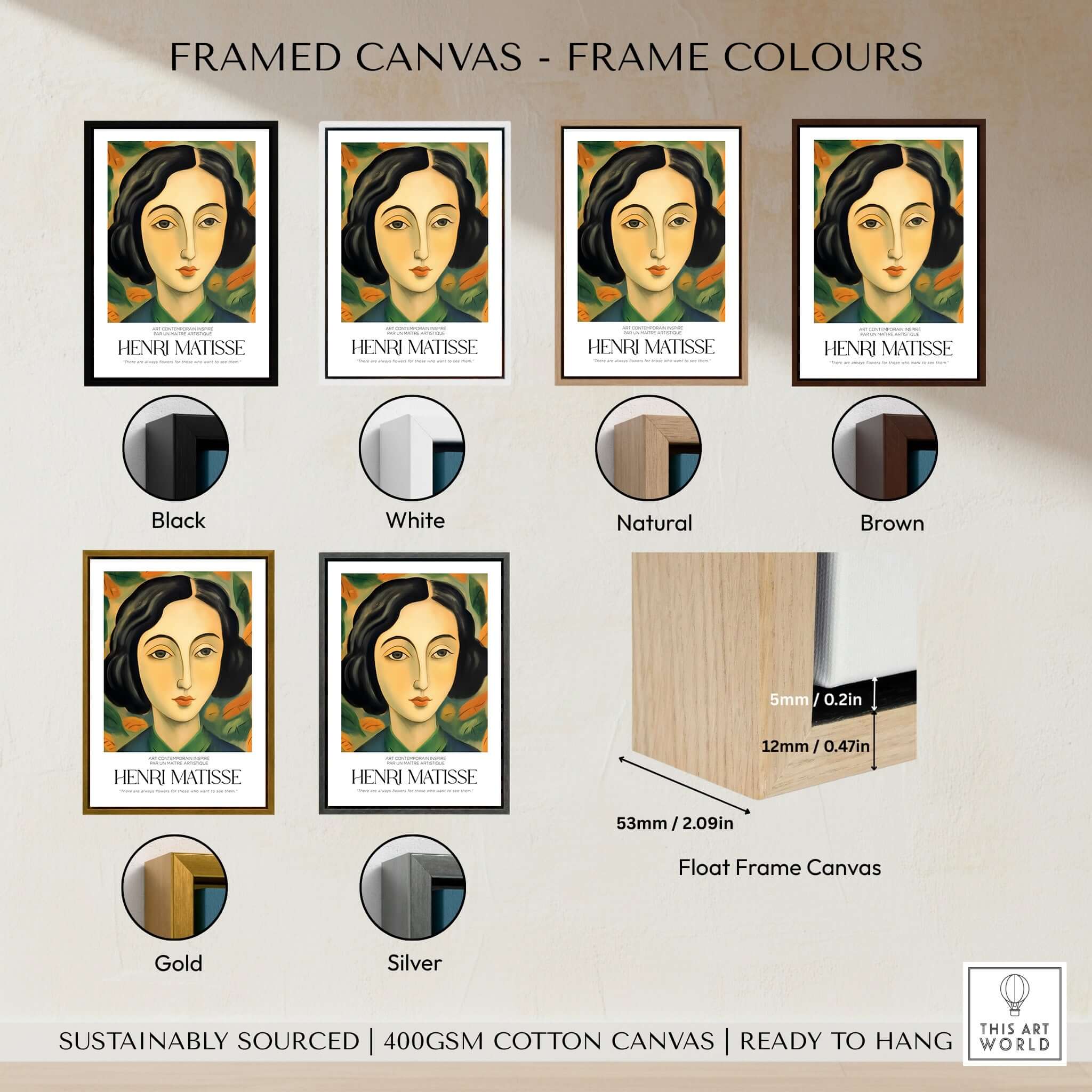 Matisse Art Prints - Woman Portrait Wall Art framed canvas colour options including black, white, natural, brown, gold, and silver.