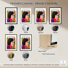 Matisse Art Prints - Floral Woman framed canvas examples with black, white, natural, brown, gold, and silver frame colors.