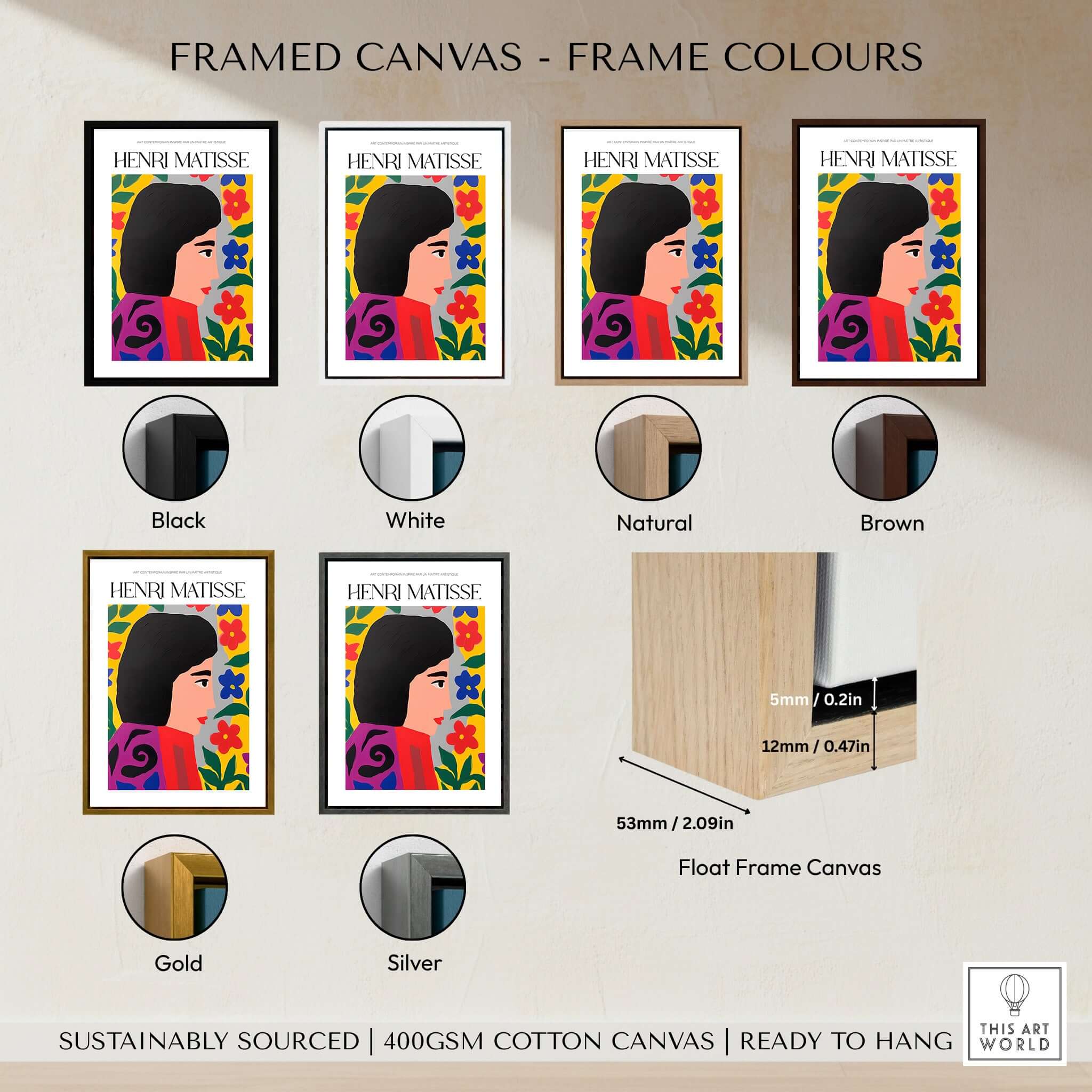 Matisse Art Prints - Floral Woman framed canvas examples with black, white, natural, brown, gold, and silver frame colors.