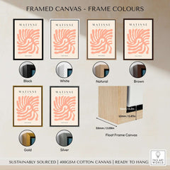 Matisse Art Prints - Peach Coral Swirl Abstract Poster framed in various color options including black, white, natural, brown, gold, and silver.