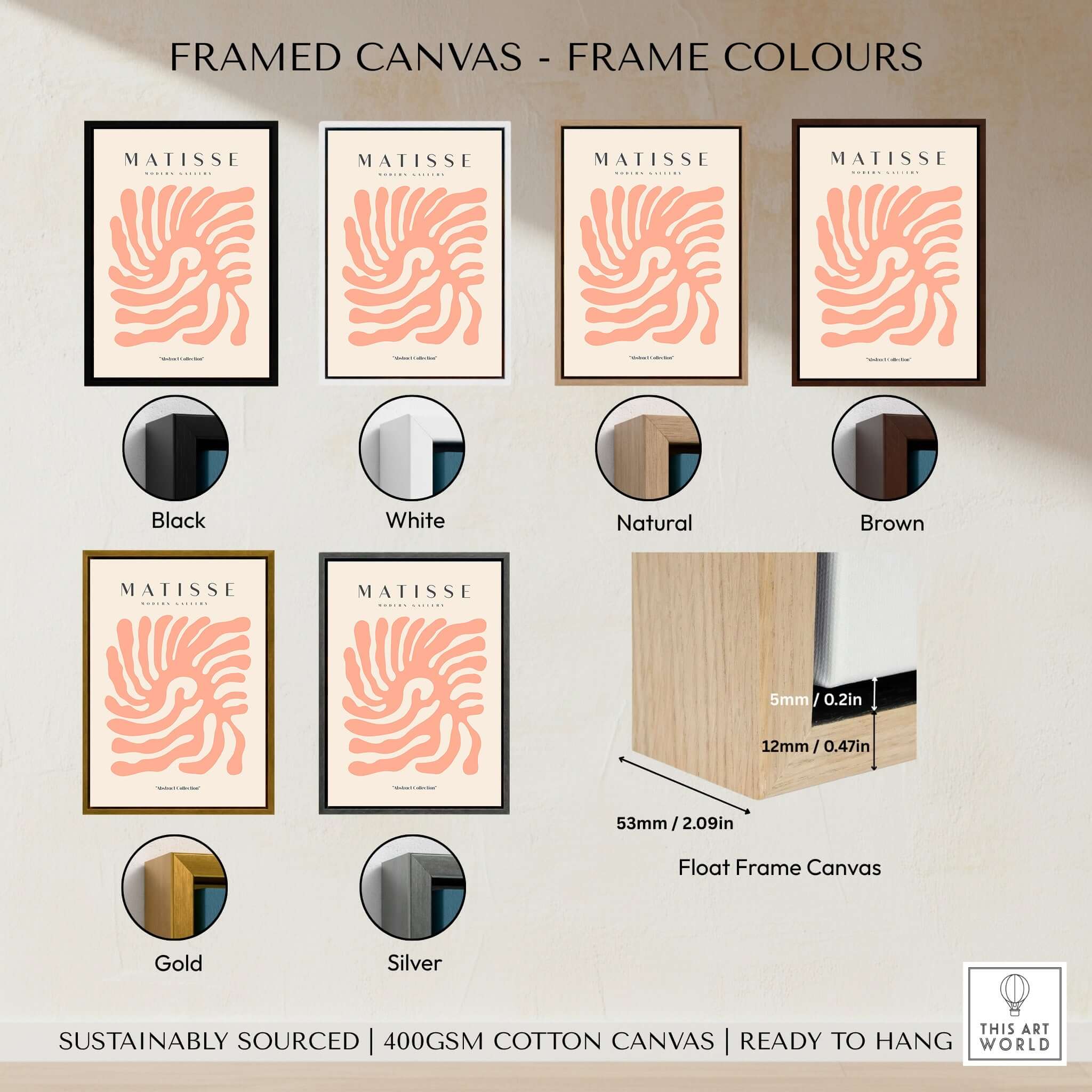 Matisse Art Prints - Peach Coral Swirl Abstract Poster framed in various color options including black, white, natural, brown, gold, and silver.