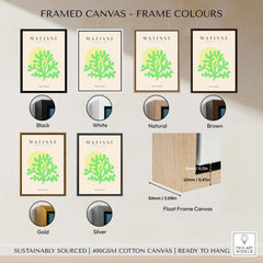 Matisse Art Prints - Lime Green Coral Abstract Sun Print framed in various colors including black, white, natural, brown, gold, and silver.