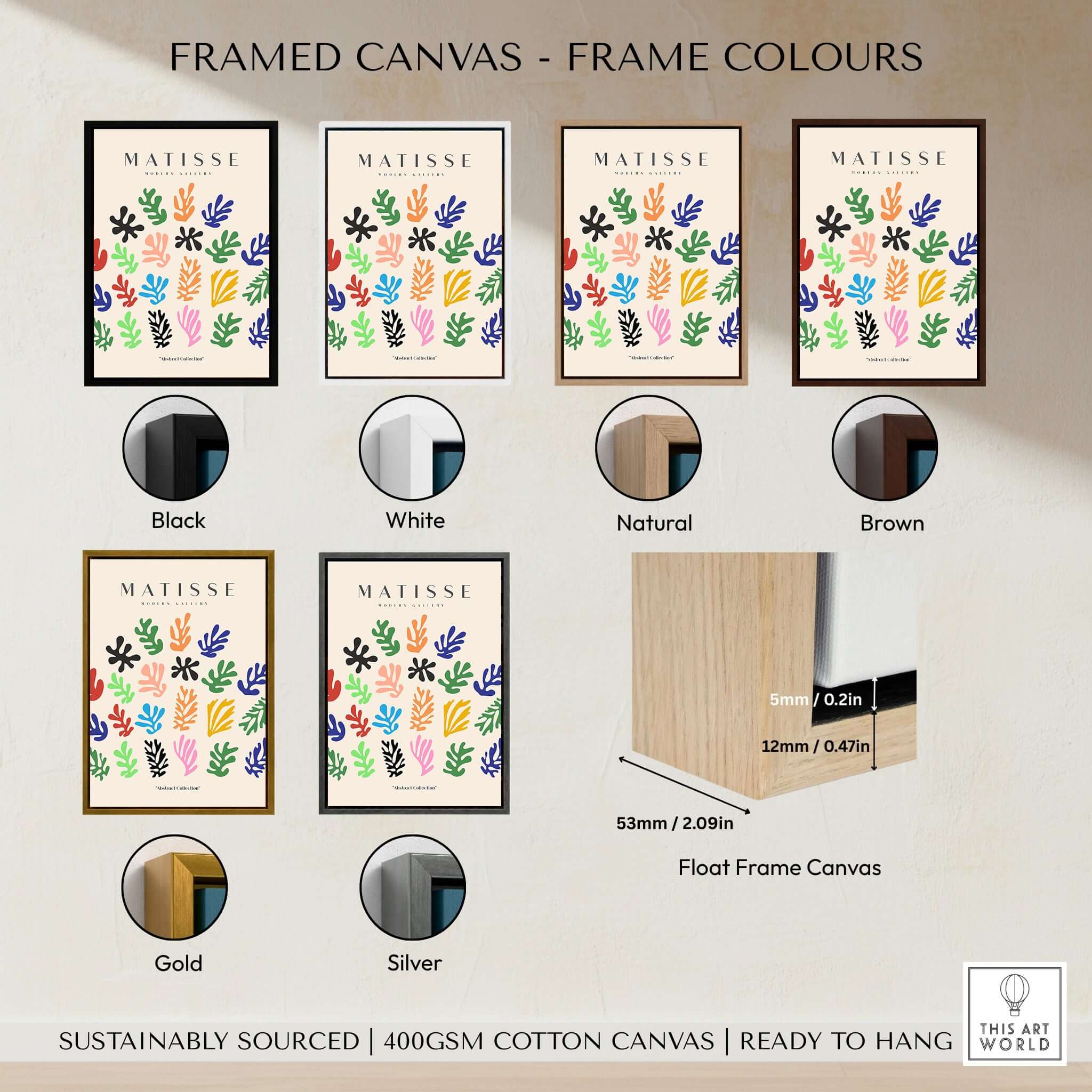 Matisse Art Prints - Colorful Abstract Shapes Scatter Print framed canvas frame colour options including black, white, natural, brown, gold, silver