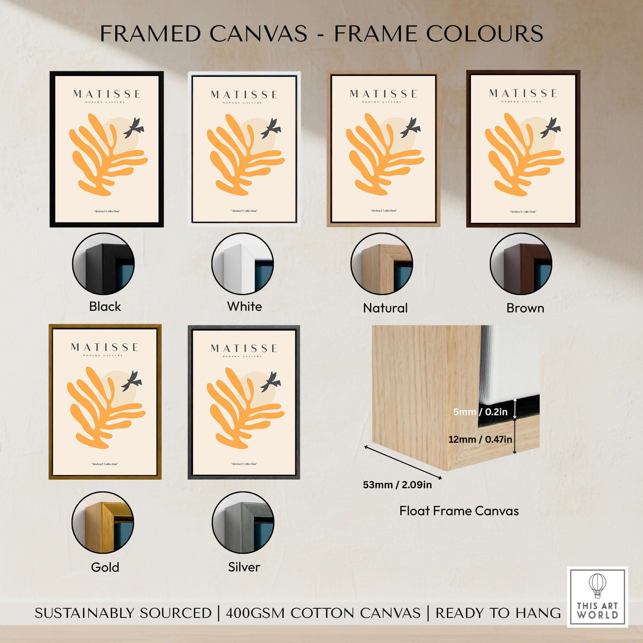 Matisse Art Prints - Orange Leaf Bird Silhouette Poster framed in various colors including black, white, natural, brown, gold, and silver.