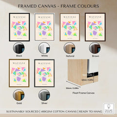 Matisse Art Prints - Colorful Geometric Triangles Poster in various frame colors including black, white, natural, brown, gold, and silver.
