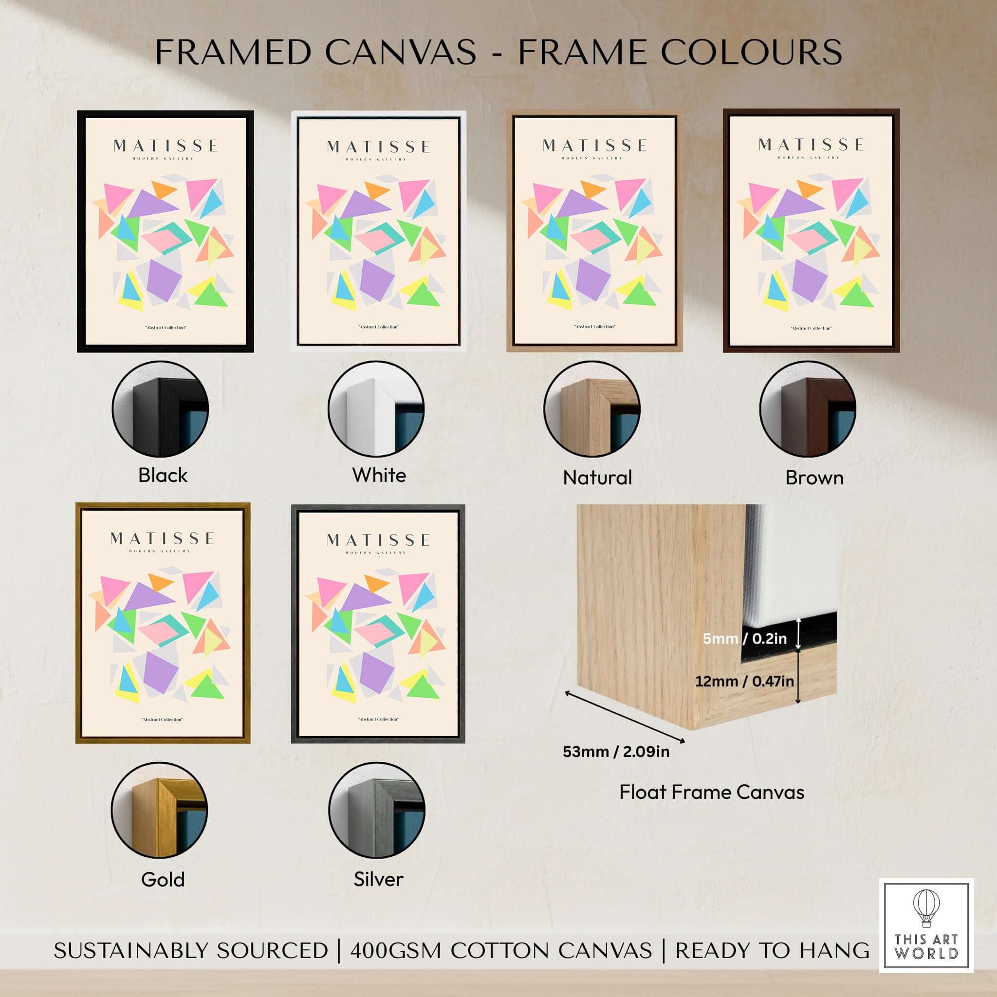 Matisse Art Prints - Colorful Geometric Triangles Poster in various frame colors including black, white, natural, brown, gold, and silver.