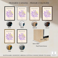 Framed canvas options for Matisse Art Prints - Purple Botanical Abstract Poster in black, white, natural, brown, gold, and silver.