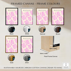 Matisse Art Prints - Pink Abstract Shapes Pattern Poster displayed in various frame colors including black, white, natural, brown, gold, and silver.