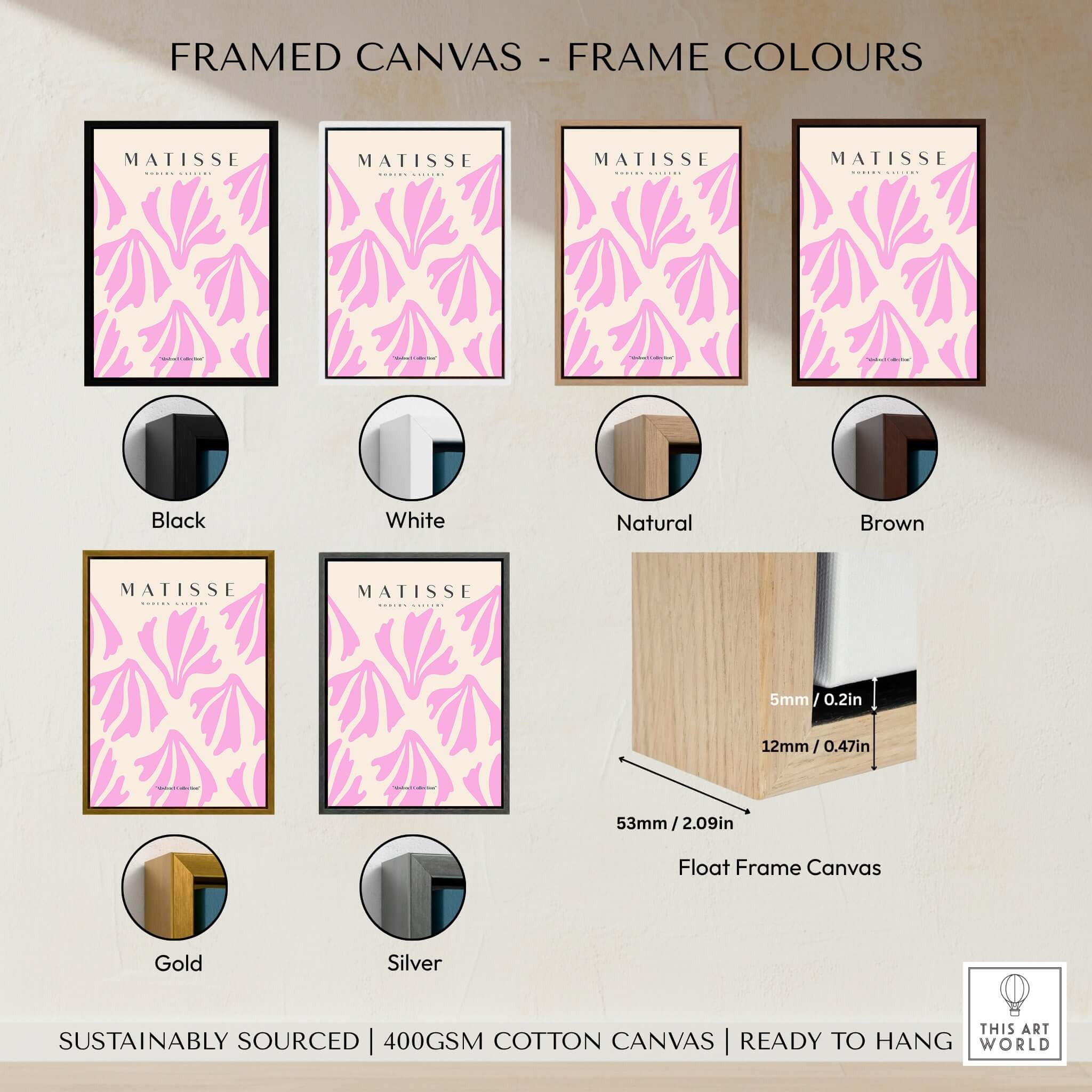 Matisse Art Prints - Pink Abstract Shapes Pattern Poster displayed in various frame colors including black, white, natural, brown, gold, and silver.