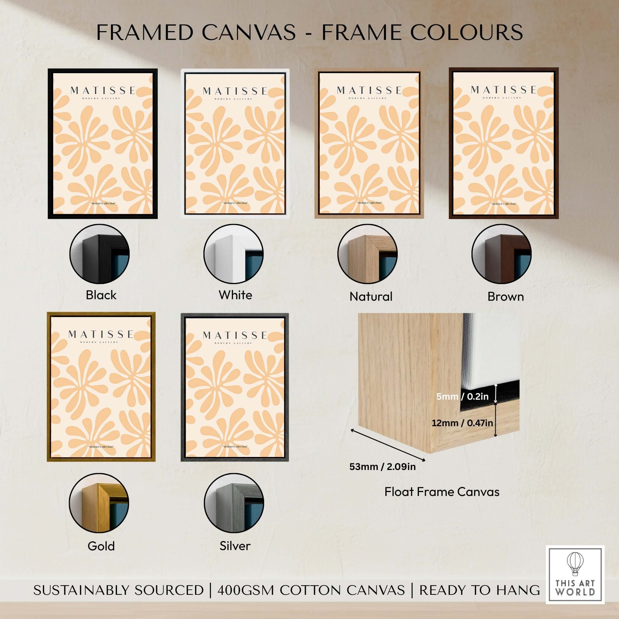 Matisse Art Prints - Peach Floral Abstract Pattern Print framed in black, white, natural, brown, gold, and silver options.