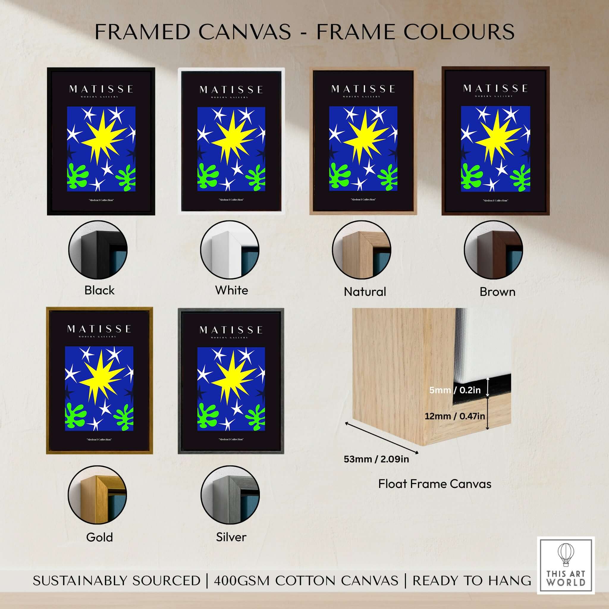 Matisse Art Prints - Stars Leaves Night Sky Abstract Print framed canvas options in various colors including black, white, natural, brown, gold, and silver.
