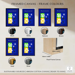 Matisse Art Prints - Abstract Blue Poster shown in various frame color options including black, white, natural, brown, gold, silver.