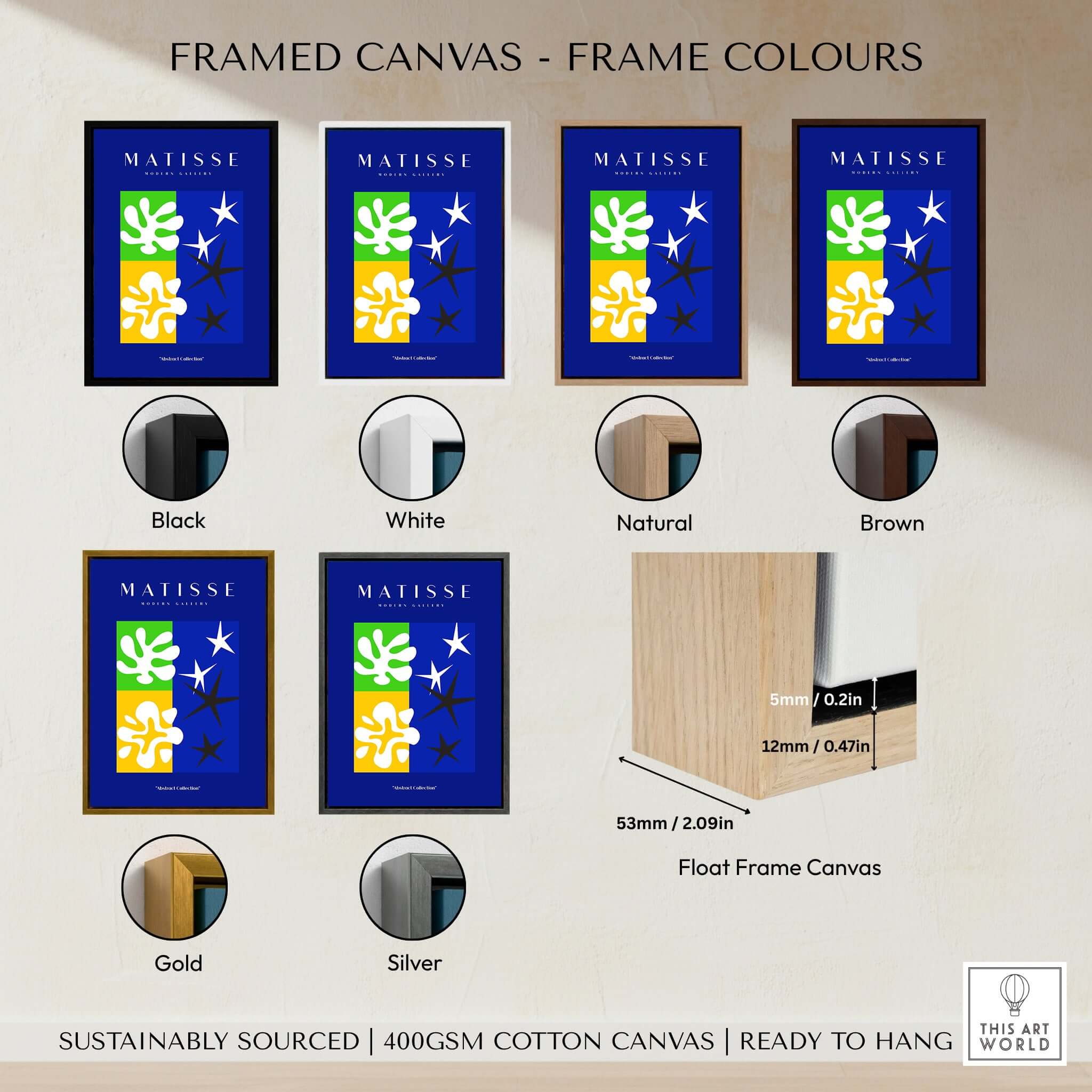 Matisse Art Prints - Abstract Blue Poster shown in various frame color options including black, white, natural, brown, gold, silver.