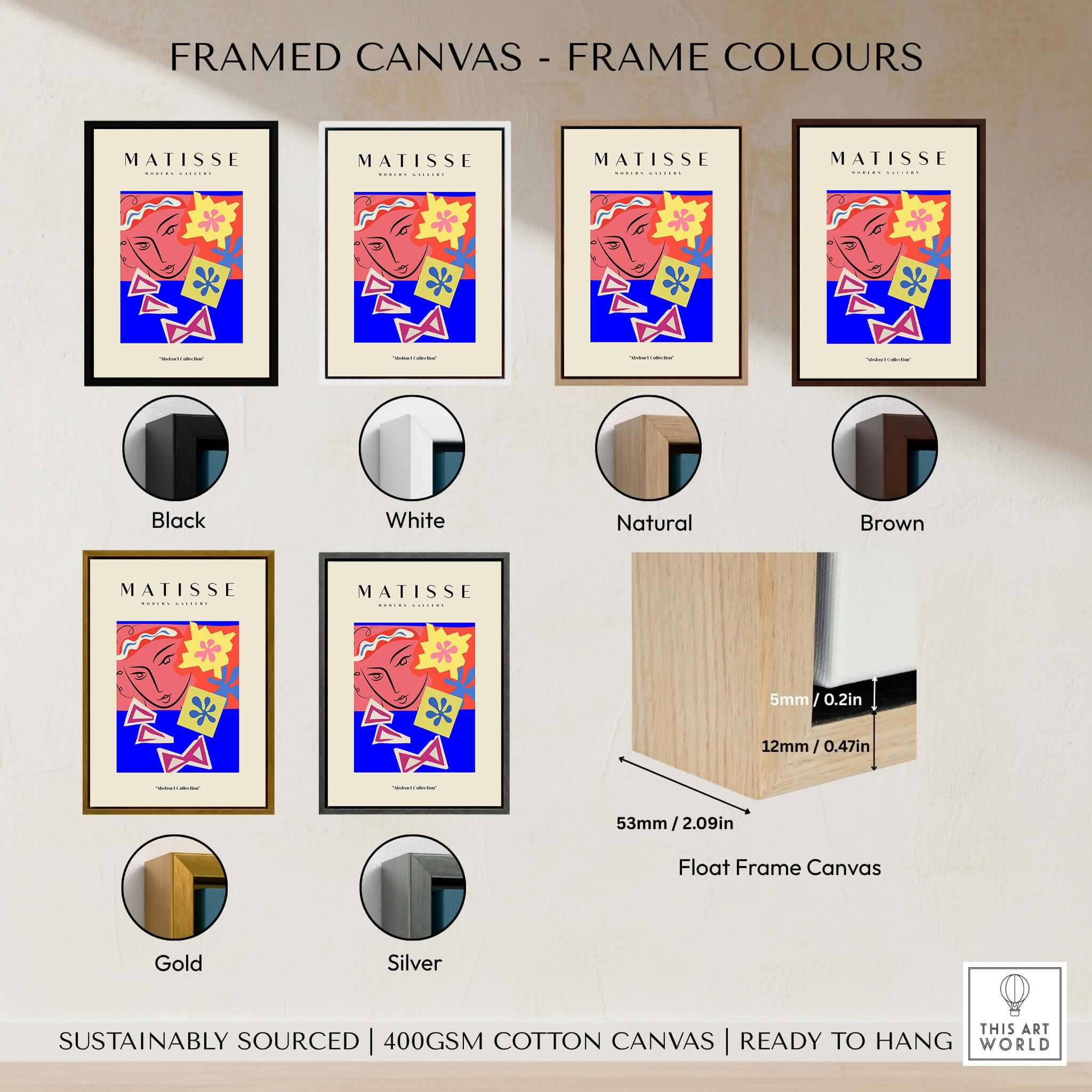 Matisse Art Prints - Abstract Face with Flowers Collage Wall Art framed canvas color options display.