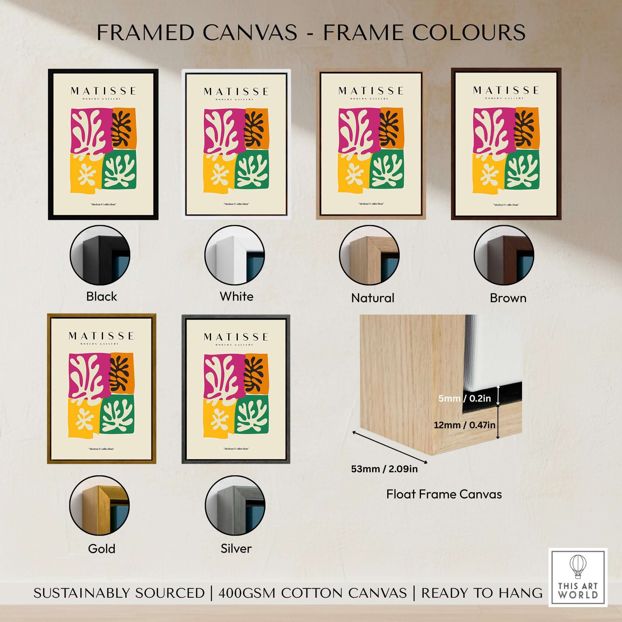 Matisse Art Prints - Four Block Abstract Leaves Poster framed options in various colors including black, white, natural, brown, gold, and silver.