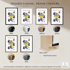 Framed canvas options for Matisse Art Prints - Abstract Floral Blue Yellow Black Poster including black, white, natural, brown, gold, and silver.