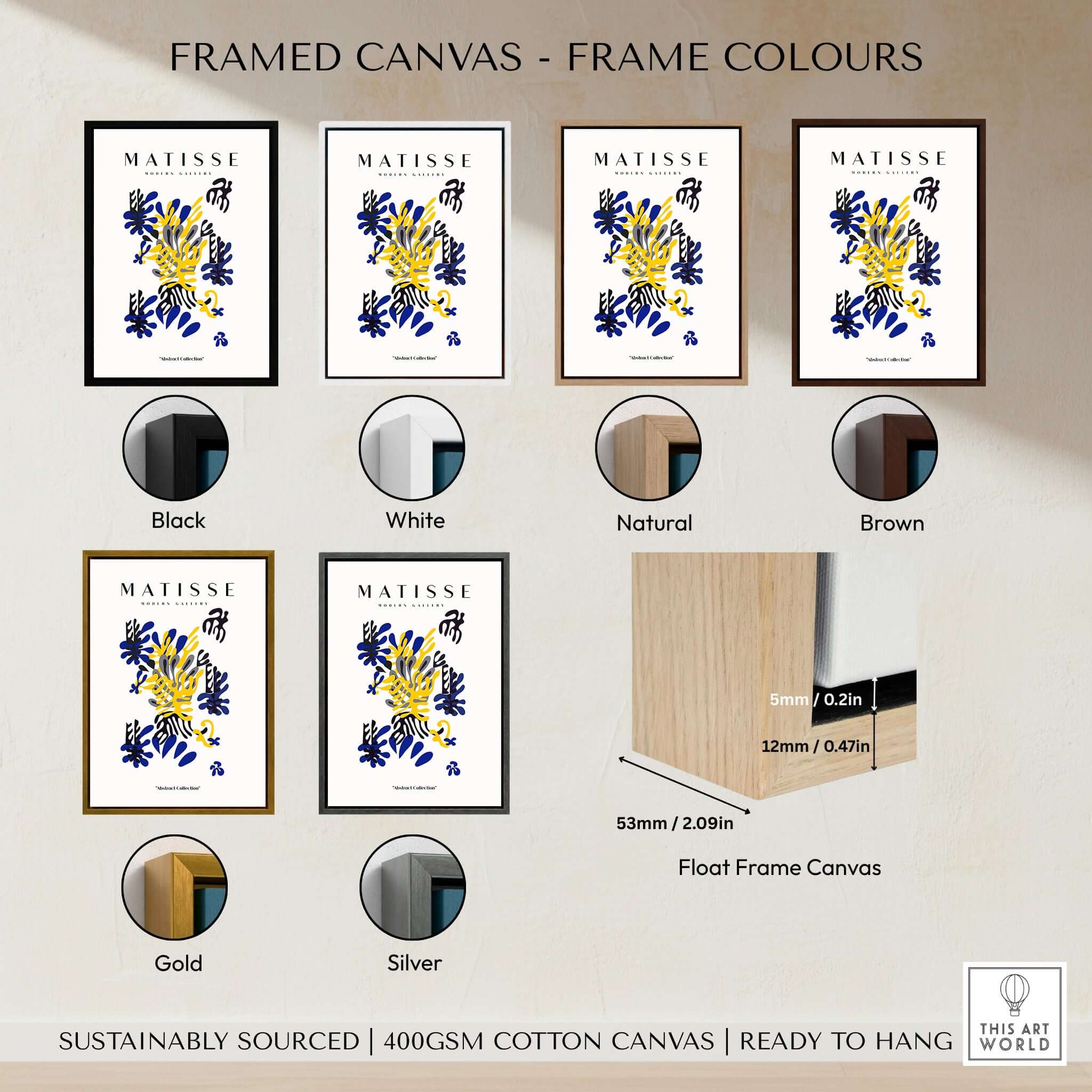 Framed canvas options for Matisse Art Prints - Abstract Floral Blue Yellow Black Poster including black, white, natural, brown, gold, and silver.