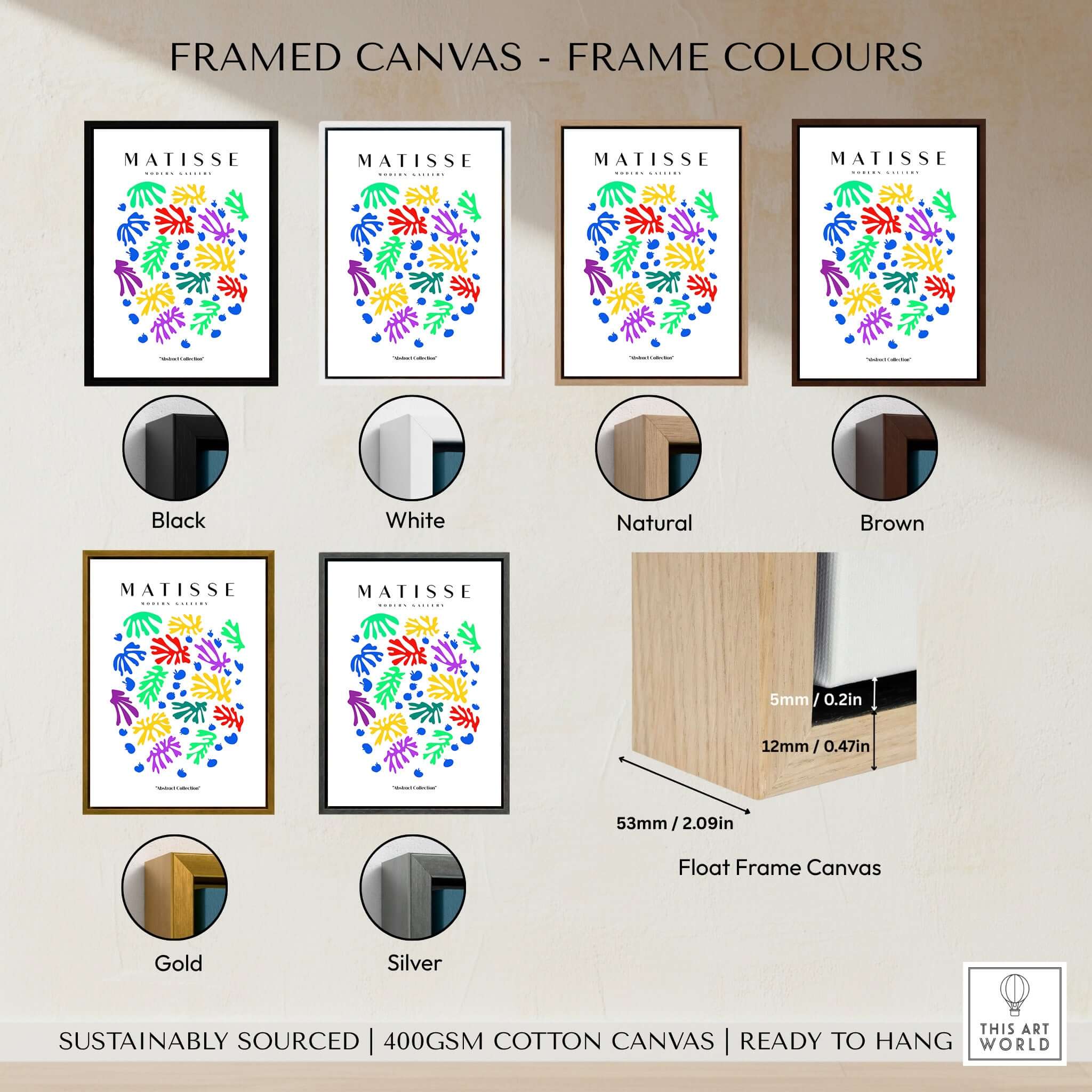 Matisse Art Prints - Colourful Scattered Abstract Leaves Dots Poster framed in various colors including black and gold.