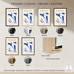 Matisse Art Prints - Blue Nude Abstract Cut Out Wall Art framed canvas options in various colors including Black, White, Natural, and Brown.