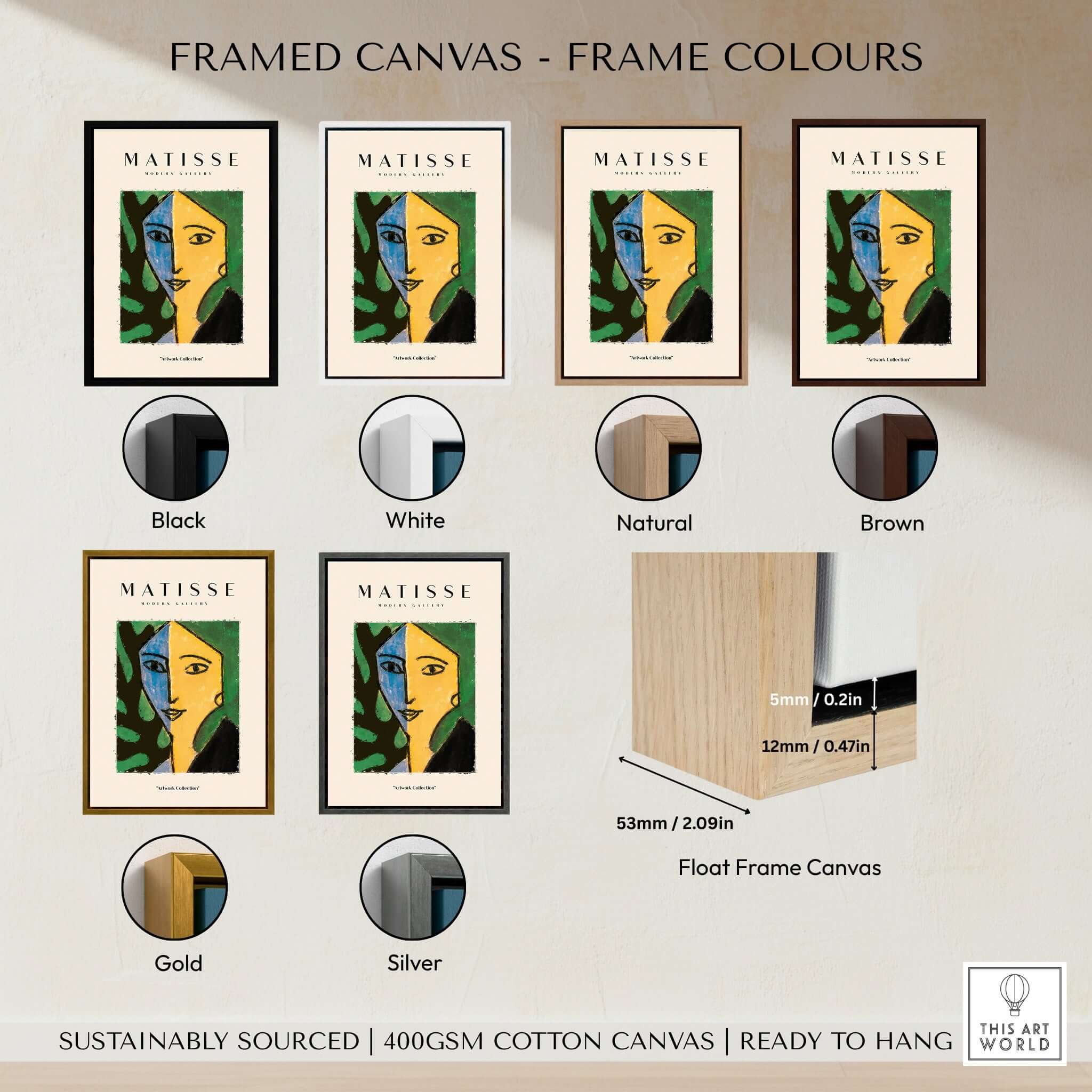 Matisse Art Prints - Split Face Blue Yellow Portrait Poster framed in various colors including black, white, natural, brown, gold, and silver.