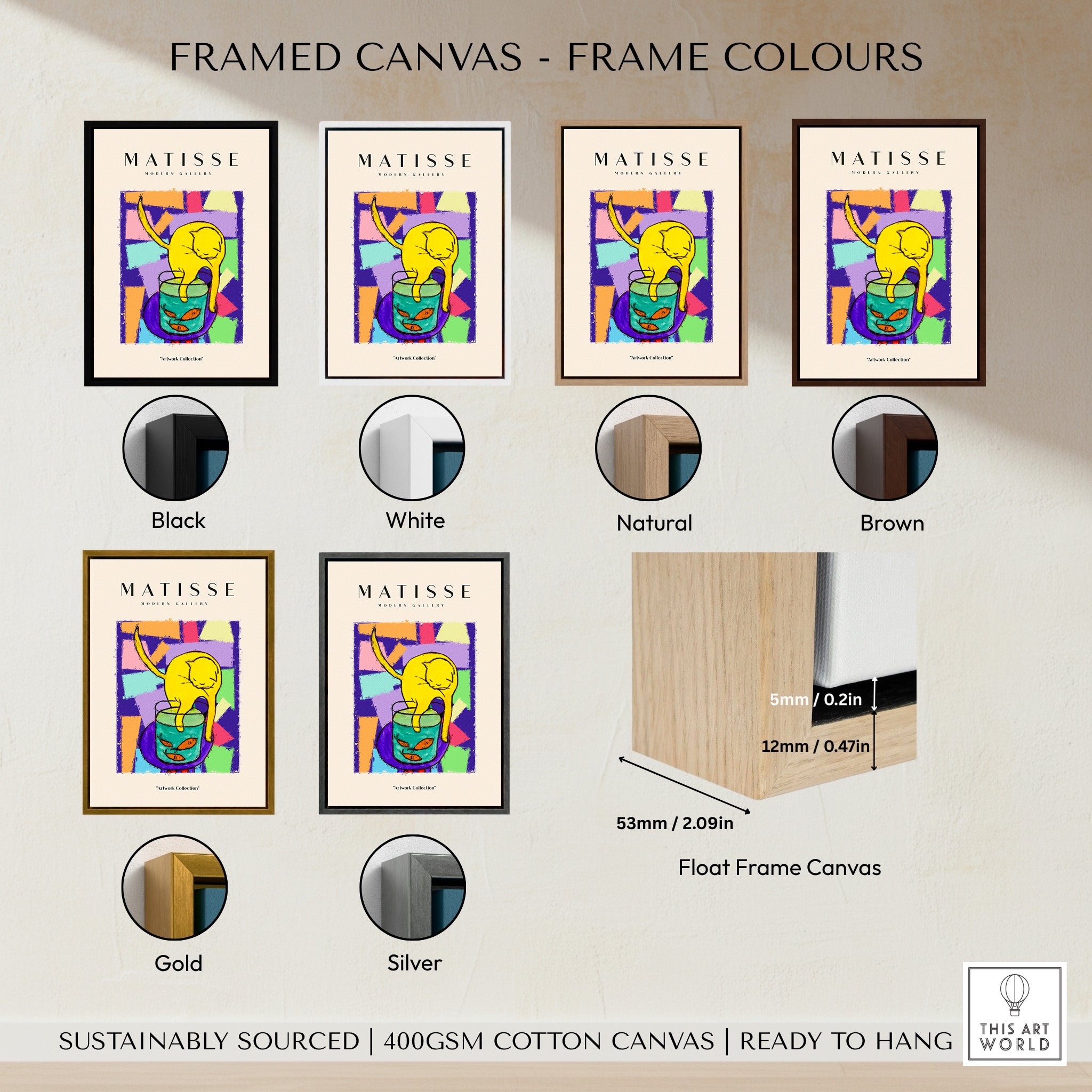 Matisse Art Prints - Yellow Cat with Fishbowl Geometric Poster options showing various frame colors including black, white, natural, brown, gold, and silver.