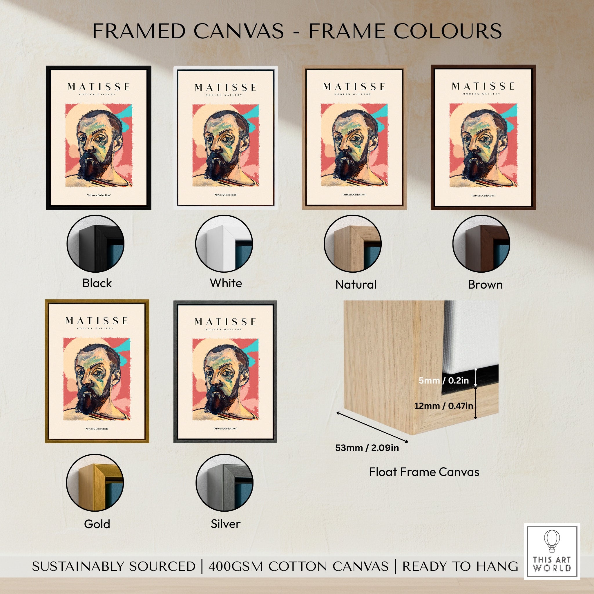 Framed canvas options for Matisse Art Prints - Expressive Self Portrait Poster in various colors including black, white, brown, natural, gold, and silver.