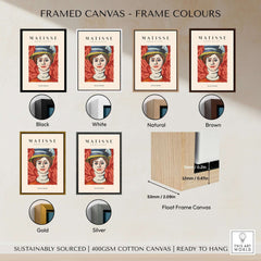 Framed canvas options for Matisse Art Prints - Woman in Elaborate Hat Portrait Poster in various colors.