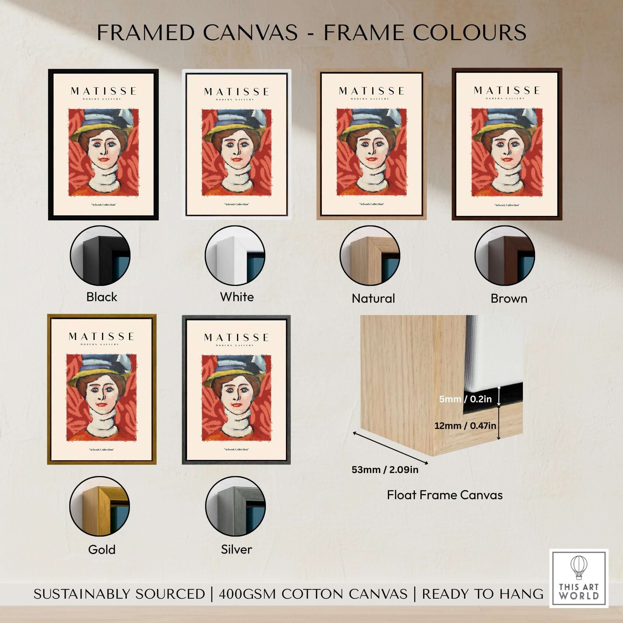 Framed canvas options for Matisse Art Prints - Woman in Elaborate Hat Portrait Poster in various colors.