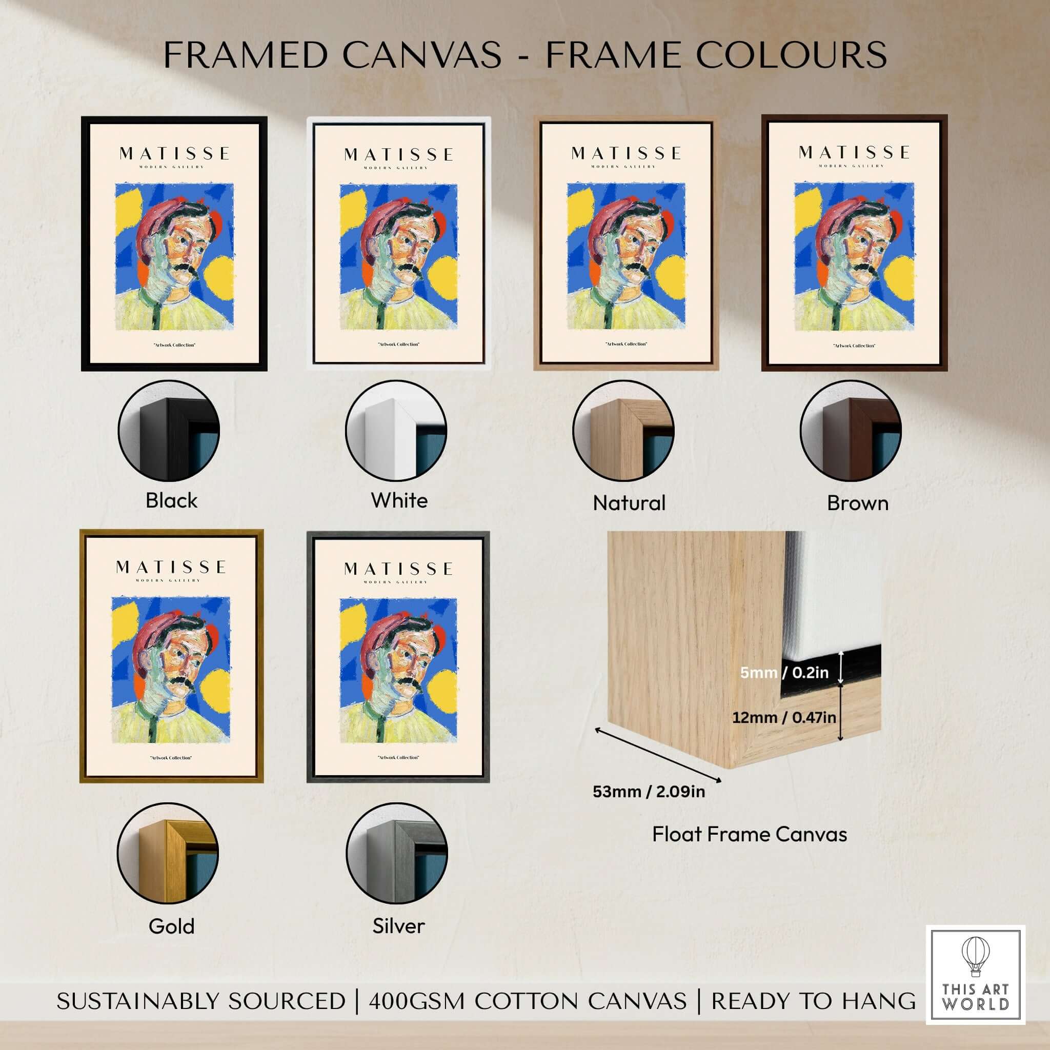 Framed canvas options for Matisse Art Prints - Abstract Man Portrait Poster showing colors: Black, White, Natural, Brown, Gold, Silver.