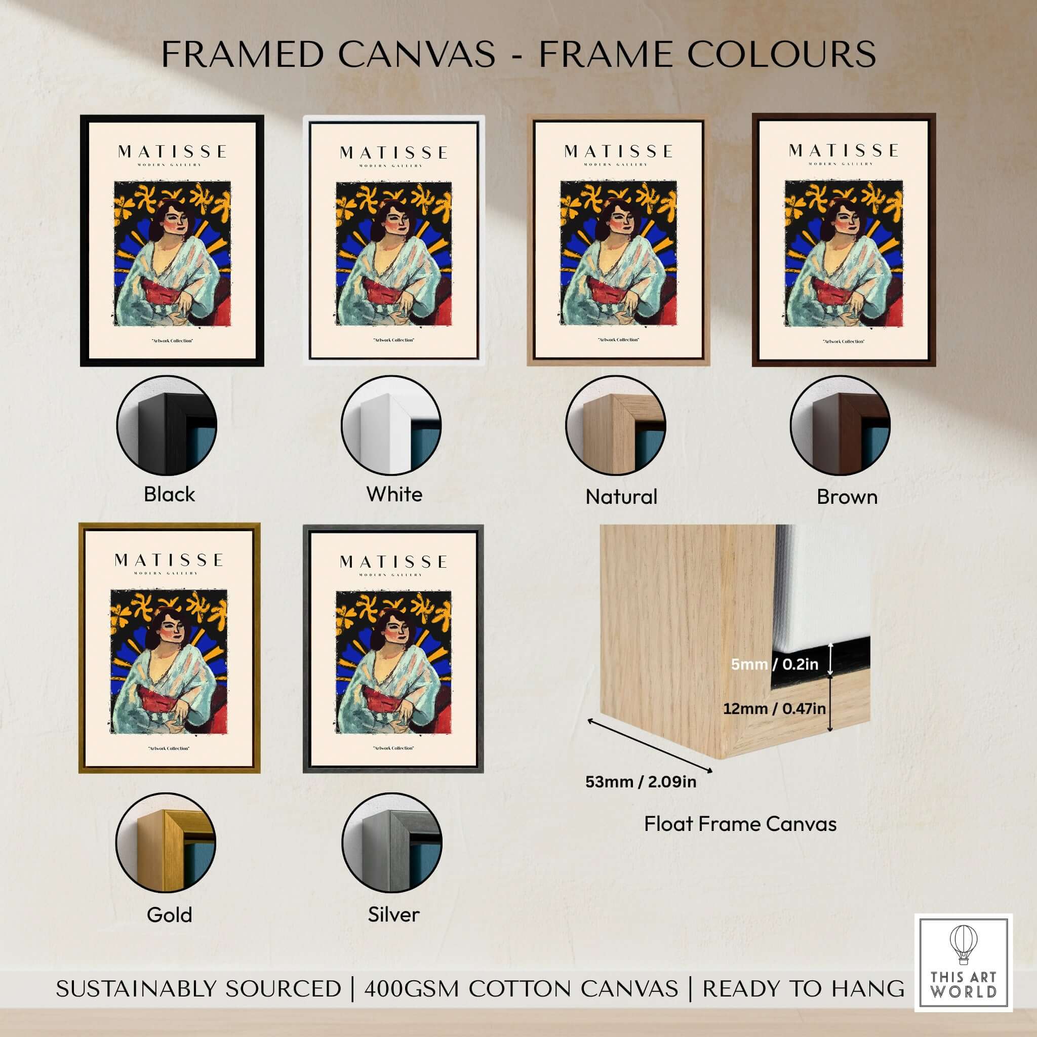 Framed canvas colors options for Matisse Art Prints - Woman Robe Abstract Stained Glass Effect Poster: black, white, natural, brown, gold, silver.