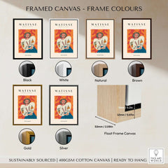 Framed canvas color options for Matisse Art Prints - Woman White Blouse Blue Skirt Portrait Poster, including black, white, natural, brown, gold, and silver.