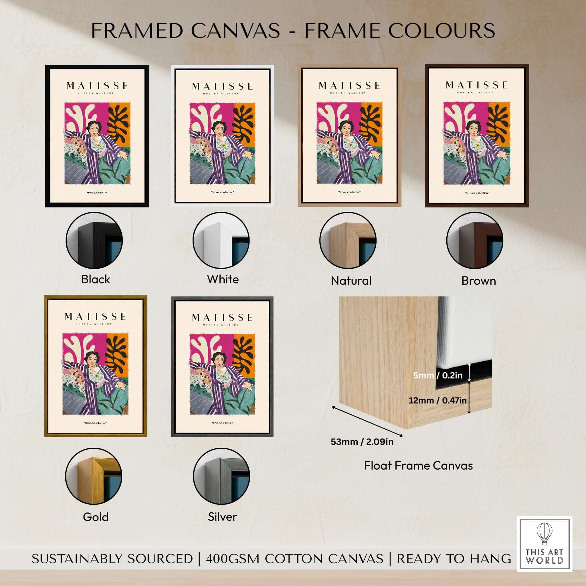 Framed canvas options featuring Matisse Art Prints - Reclining Woman Striped Robe Abstract Print with diverse frame colors.