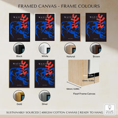 Matisse Art Prints - Dance Blue Figures Poster displayed in various frame colors: Black, White, Natural, Brown, Gold, Silver.