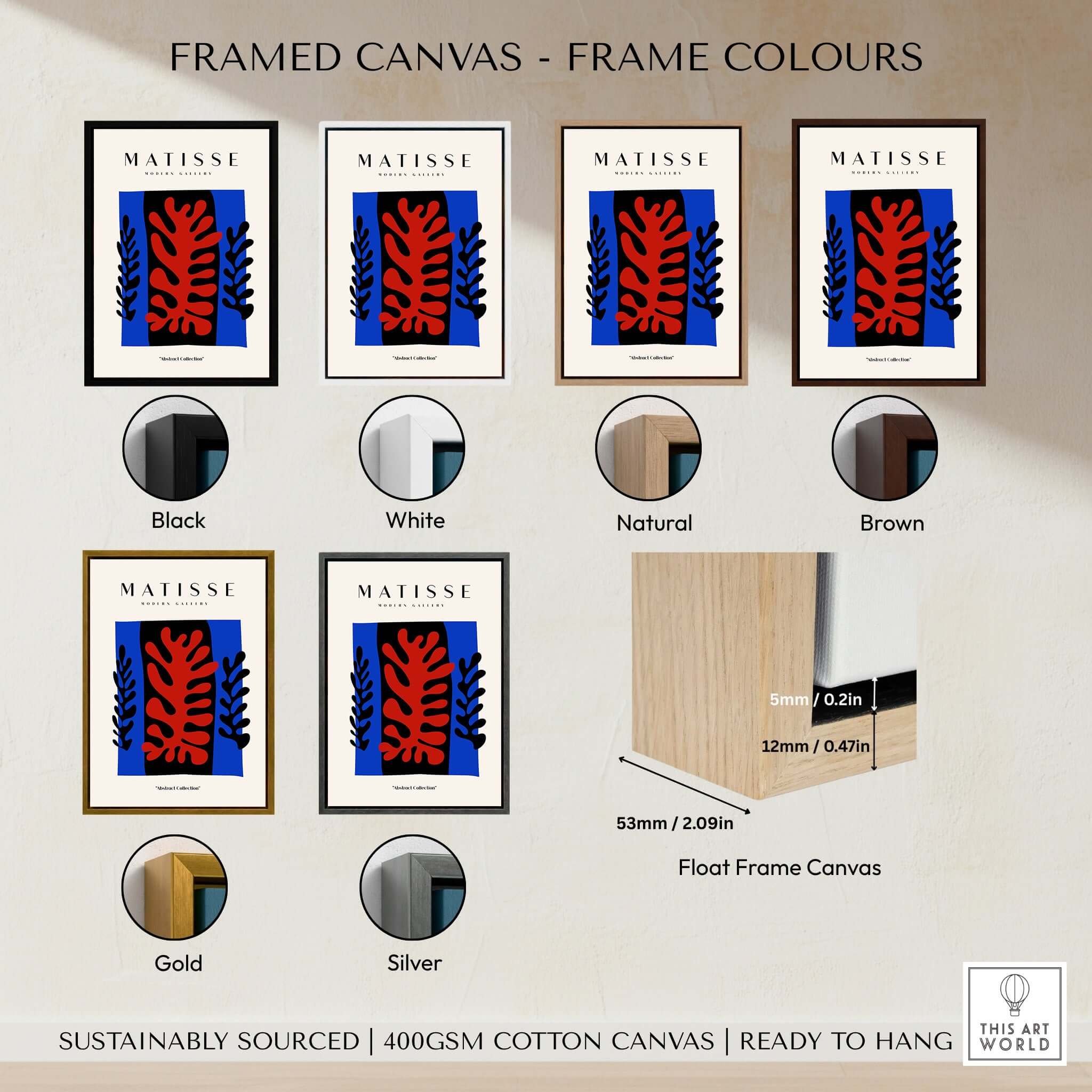 Matisse Art Prints - Red Coral Black Leaves Blue Frame Poster with frame color options: black, white, natural, brown, gold, silver.