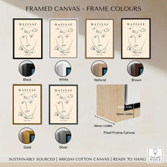 Matisse Art Prints - Line Art Face Curly Hair Minimalist Poster framed in various colors including black, white, natural, brown, gold, and silver.