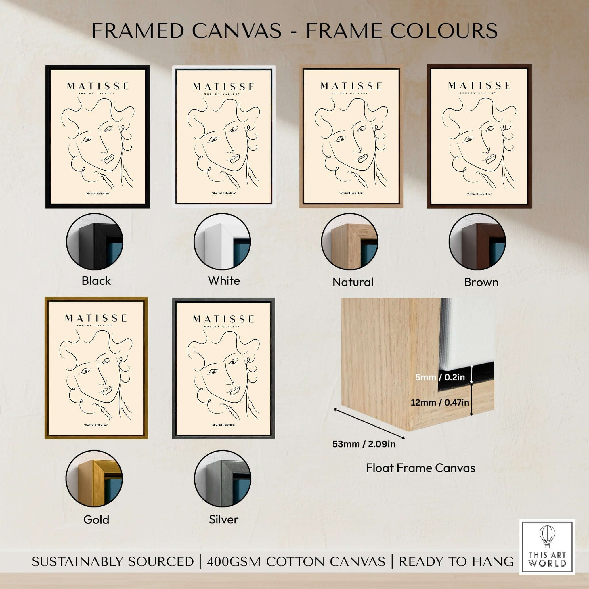 Framed Matisse Art Prints - Line Art Ladies Face with Wavy Hair Minimalist Poster in various frame colors.