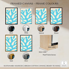 Matisse Art Prints - Blue Coral Abstract Botanical Art Print Poster framed in various frame colors including black, white, gold, silver.