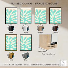 Framed Matisse Art Prints - Mint Green Coral Abstract Seaweed Poster displayed in various frame colors including black, white, and brown.