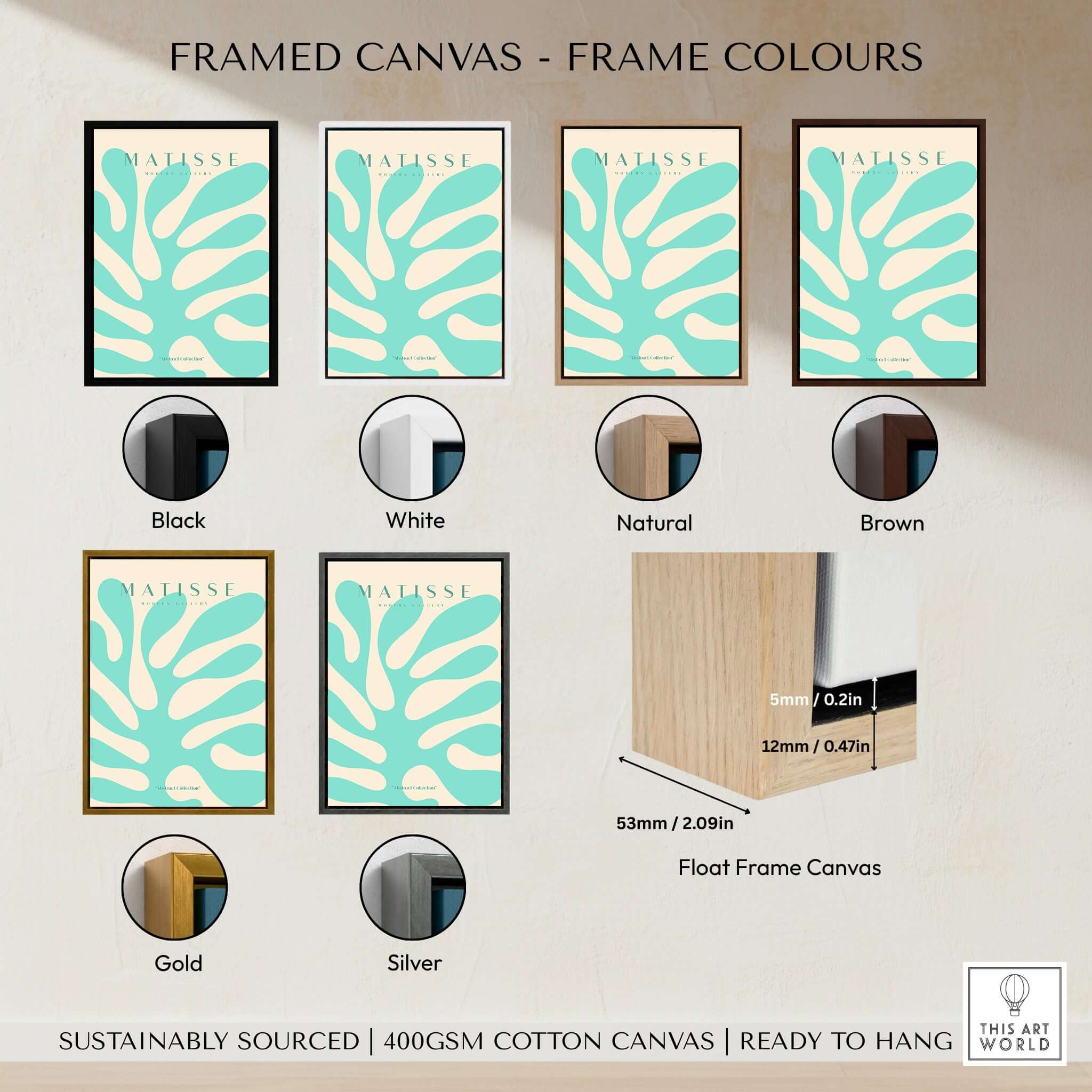 Framed Matisse Art Prints - Mint Green Coral Abstract Seaweed Poster displayed in various frame colors including black, white, and brown.