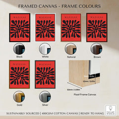 Framed canvas color options for Matisse Art Prints - Black Abstract Coral Shape Red Poster, showcasing frame styles in black, white, natural, brown, gold, and silver.