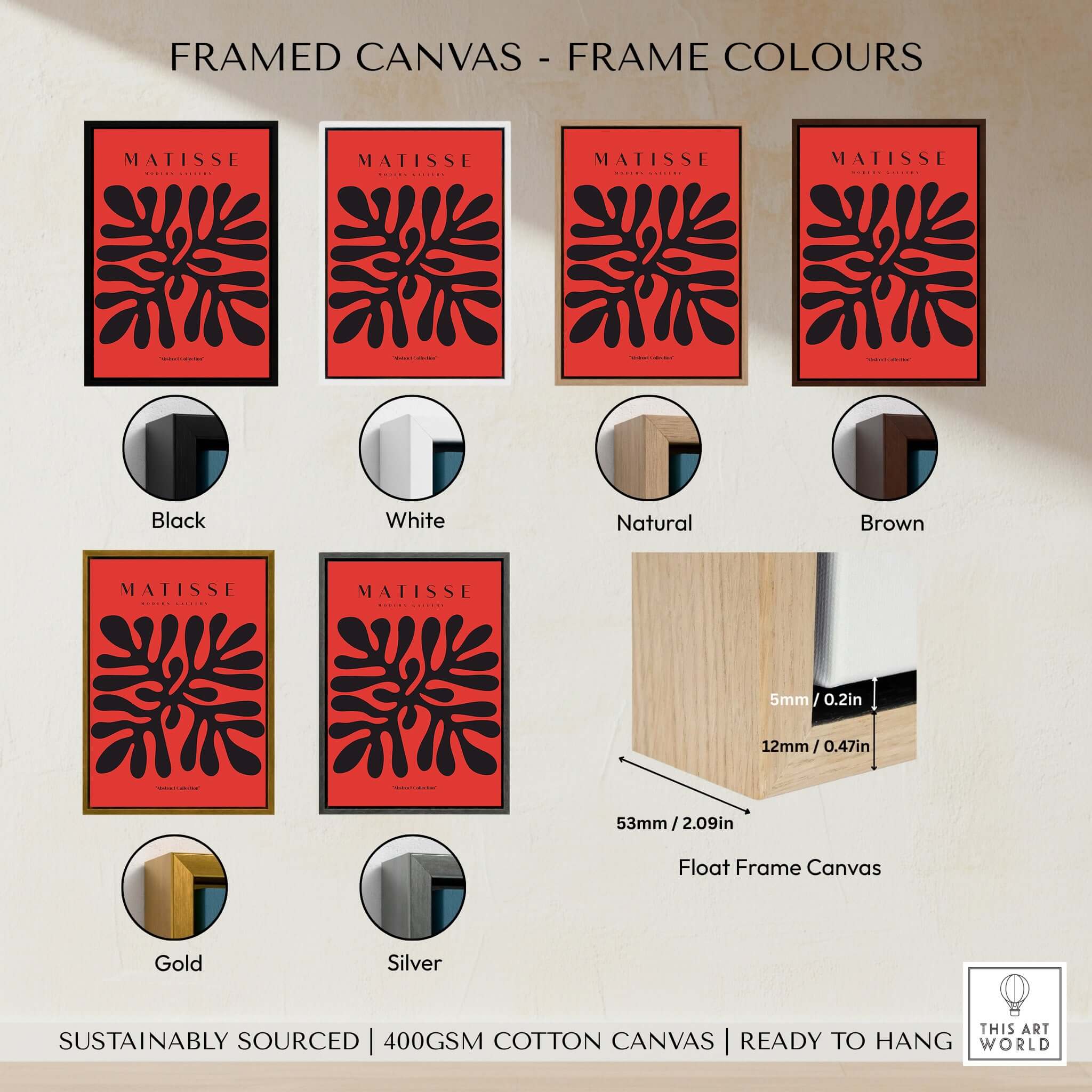 Framed canvas color options for Matisse Art Prints - Black Abstract Coral Shape Red Poster, showcasing frame styles in black, white, natural, brown, gold, and silver.