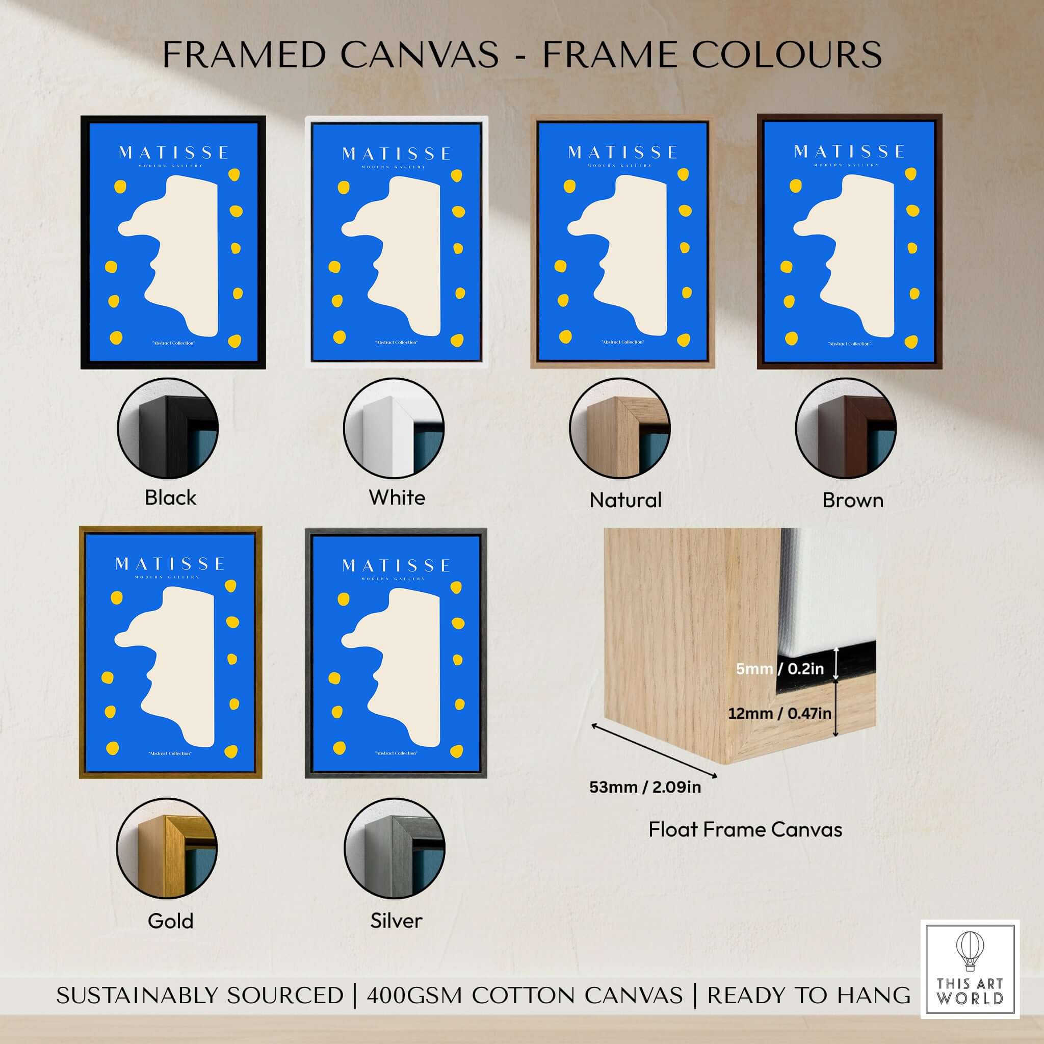 Matisse Art Prints -  Blue Abstract Profile with Yellow Dots Poster framed in various colors like Black, White, Natural, Brown, Gold, Silver.