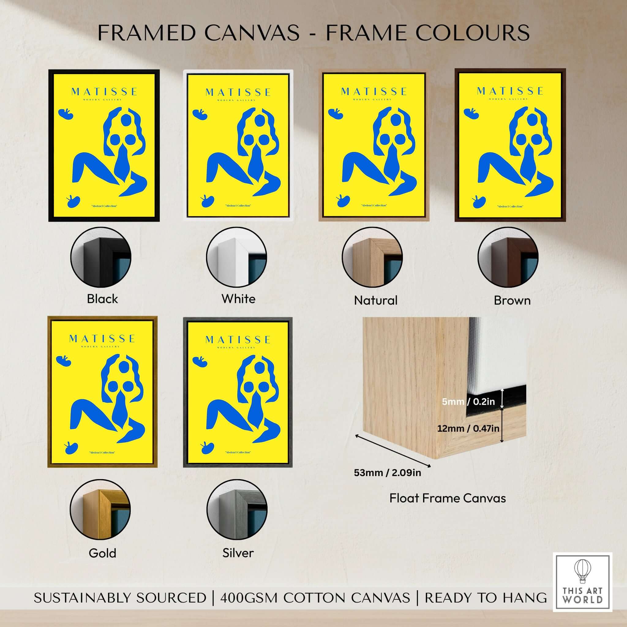 Matisse Art Prints - Blue Nude Abstract Figure Yellow Poster framed in various colors including black, white, natural, brown, gold, and silver.