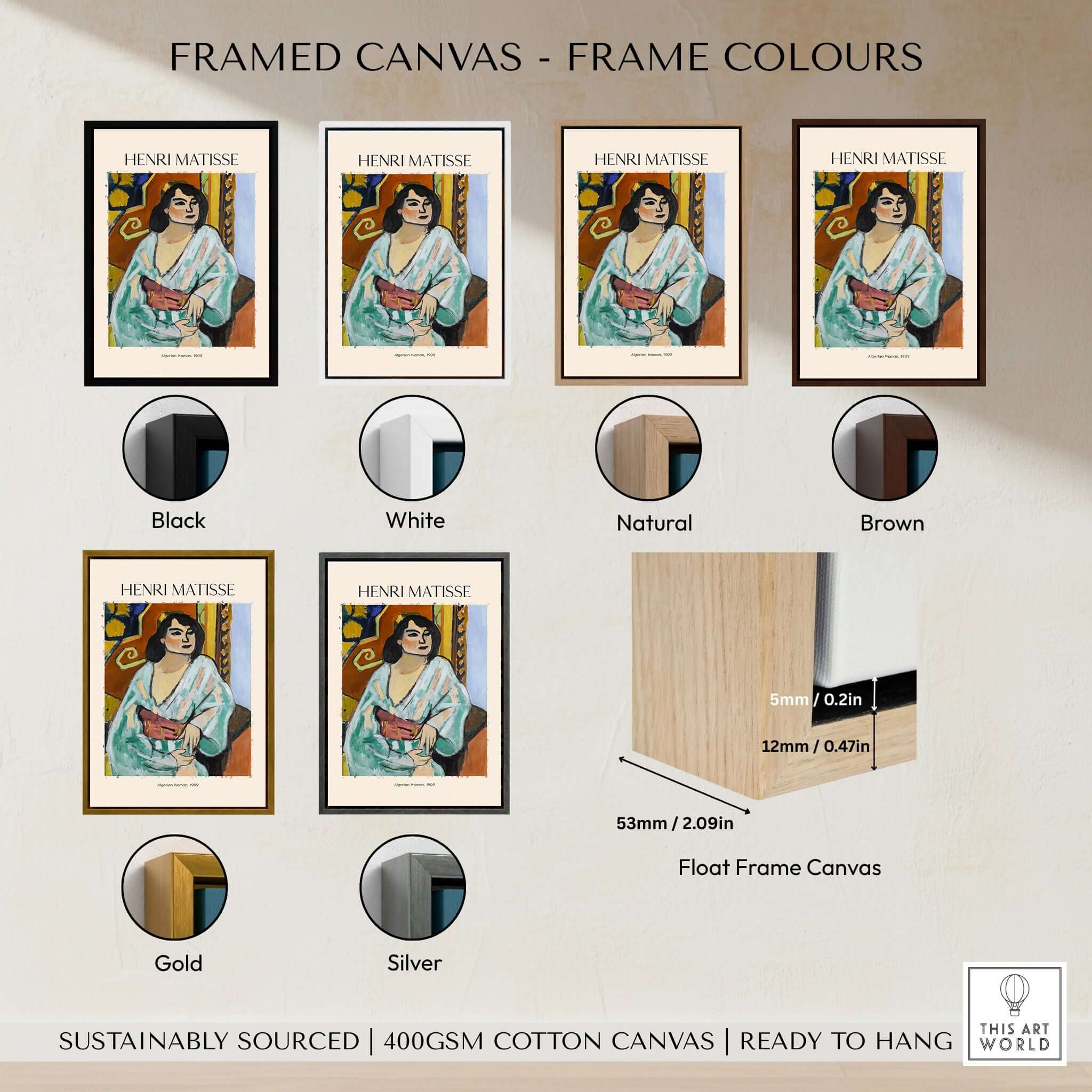 Framed canvas options for Matisse Poster - Algerian Woman 1909 Fauvist Wall Art Print in various colors.