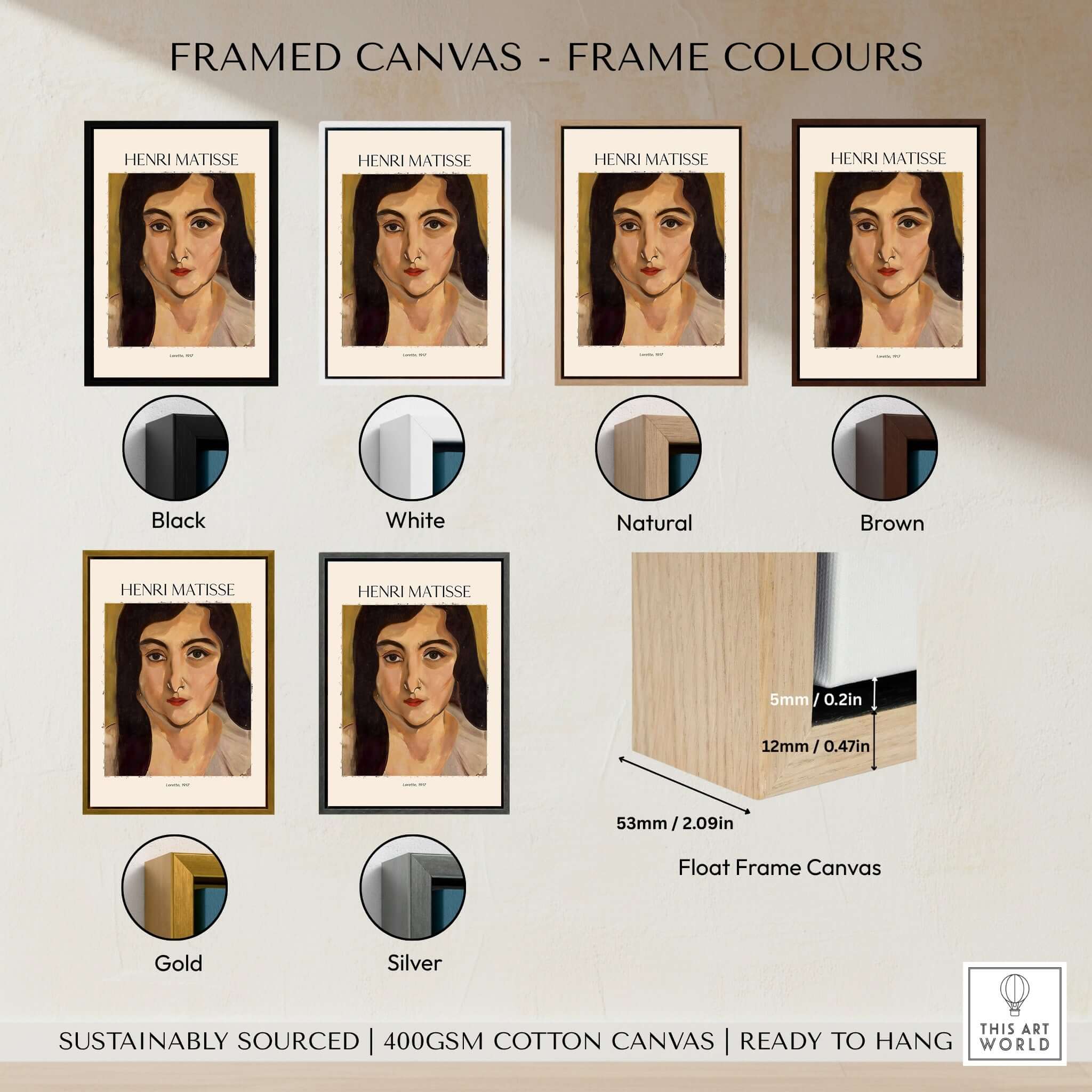 Framed canvas options for Matisse Art Print - Lorette 1917 Portrait Poster Print in various colors including Black, White, Natural, Brown, Gold, Silver.